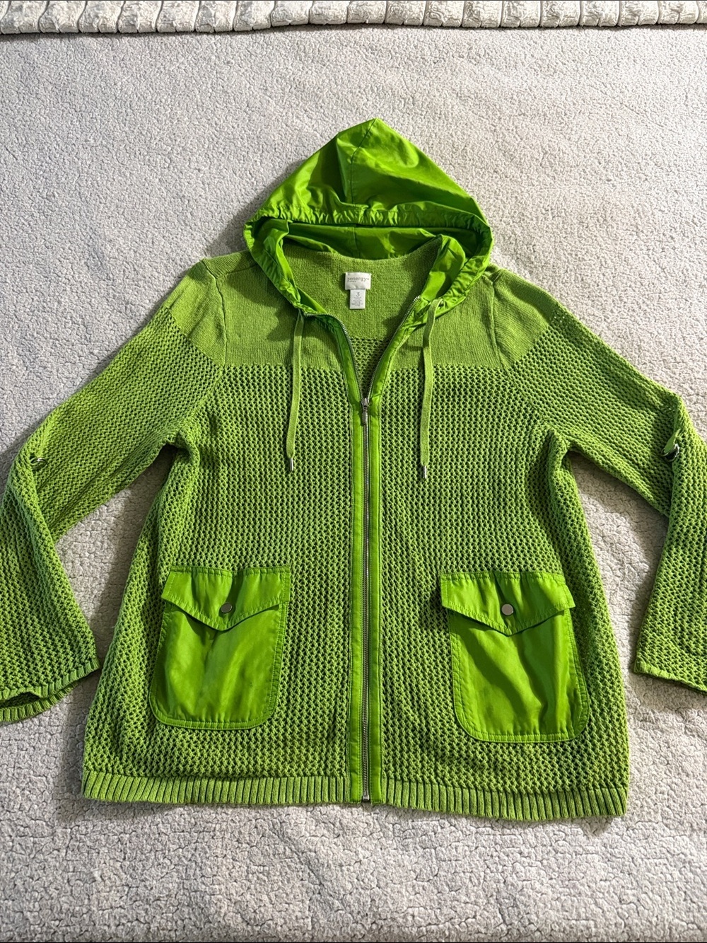 Chico's Zenergy Green Crochet Knit Hooded Zip Sweater Jacket Sz 3 (XL)